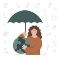 Earth protection concept. Girl hugging the planet and taking an umbrella above. Saving the globe from garbage. Royalty Free Stock Photo